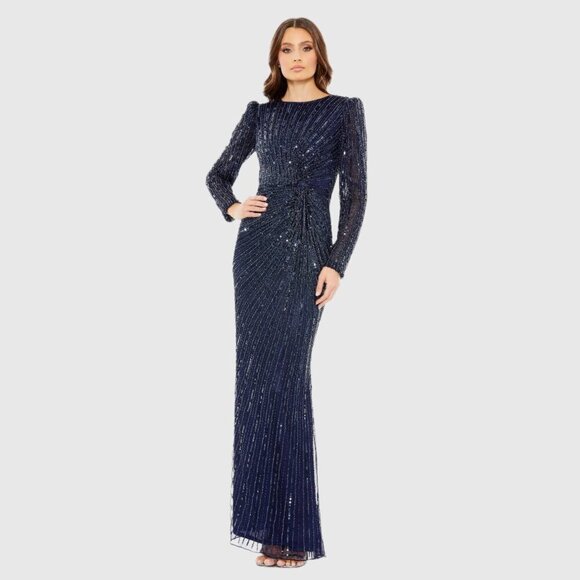 NWT Mac Duggal Embellished Puff Sleeve Side Knot Gown Navy 10 #8491 - Picture 1 of 8